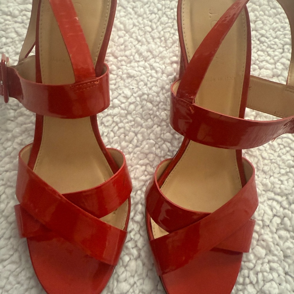 J. Crew Red (orange)Patent Crisscross Strappy Heels ,size 9،made in Italy